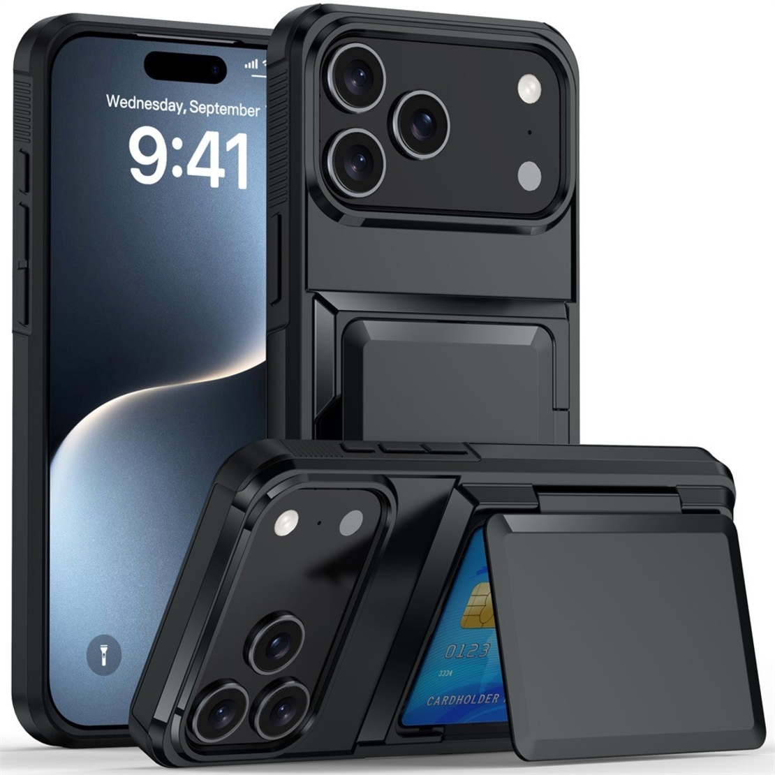 Husa de Protectie compatibila Apple iPhone 17 Pro, Vafy, Compartiment pentru Carduri, Anti-alunecare, Protectie PC, Rezistenta la Zgirieturi, Negru