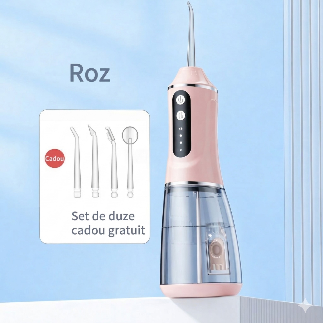 Irigator Bucal Electric, Flippy, Portabil, Dus Bucal pentru Curatare, Indepartare Tartru, 4 Capete, 25 x 8 x 8 cm, Roz