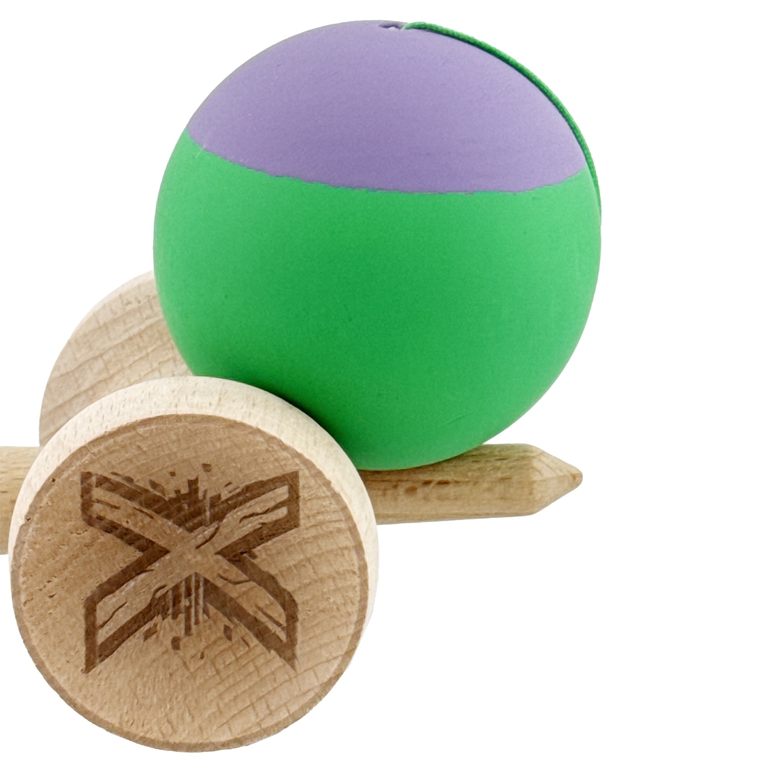 Kendama X Originala, Profesionala, Flippy, Rubber Grip, Cupe Mari KING SIZE V3, Gaura in Baza, Rulment Metalic, din lemn 18 cm, Ata 62/65 cm, Bicolor Mov/Verde