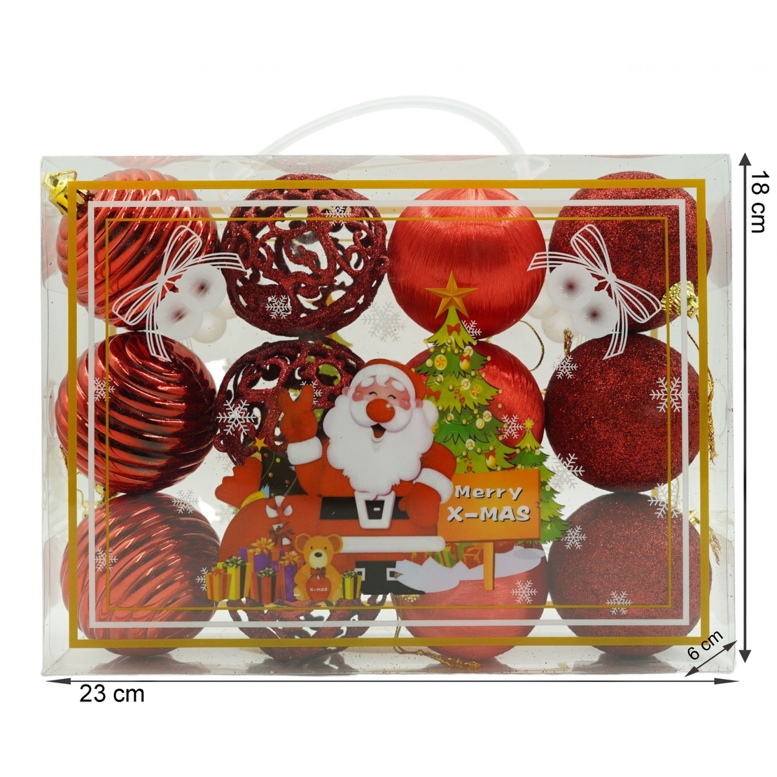 Set de 12 ornamente de brad, Flippy, de tip Glob, Rosu, din polistiren, cu finisaj sclipitor , cutie 6 cm adancime x 23 cm lungime x 18 cm inaltime