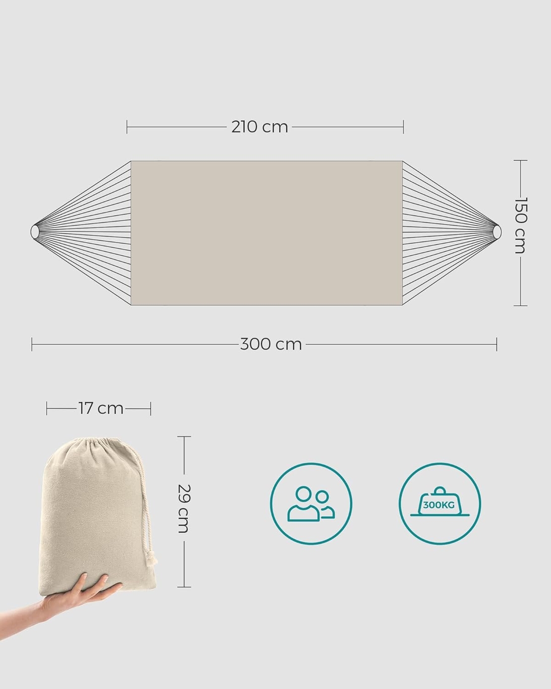SONGMICS Hamac dublu 210x150 cm, bumbac, portabil cu chingi si carabiniere, bej
