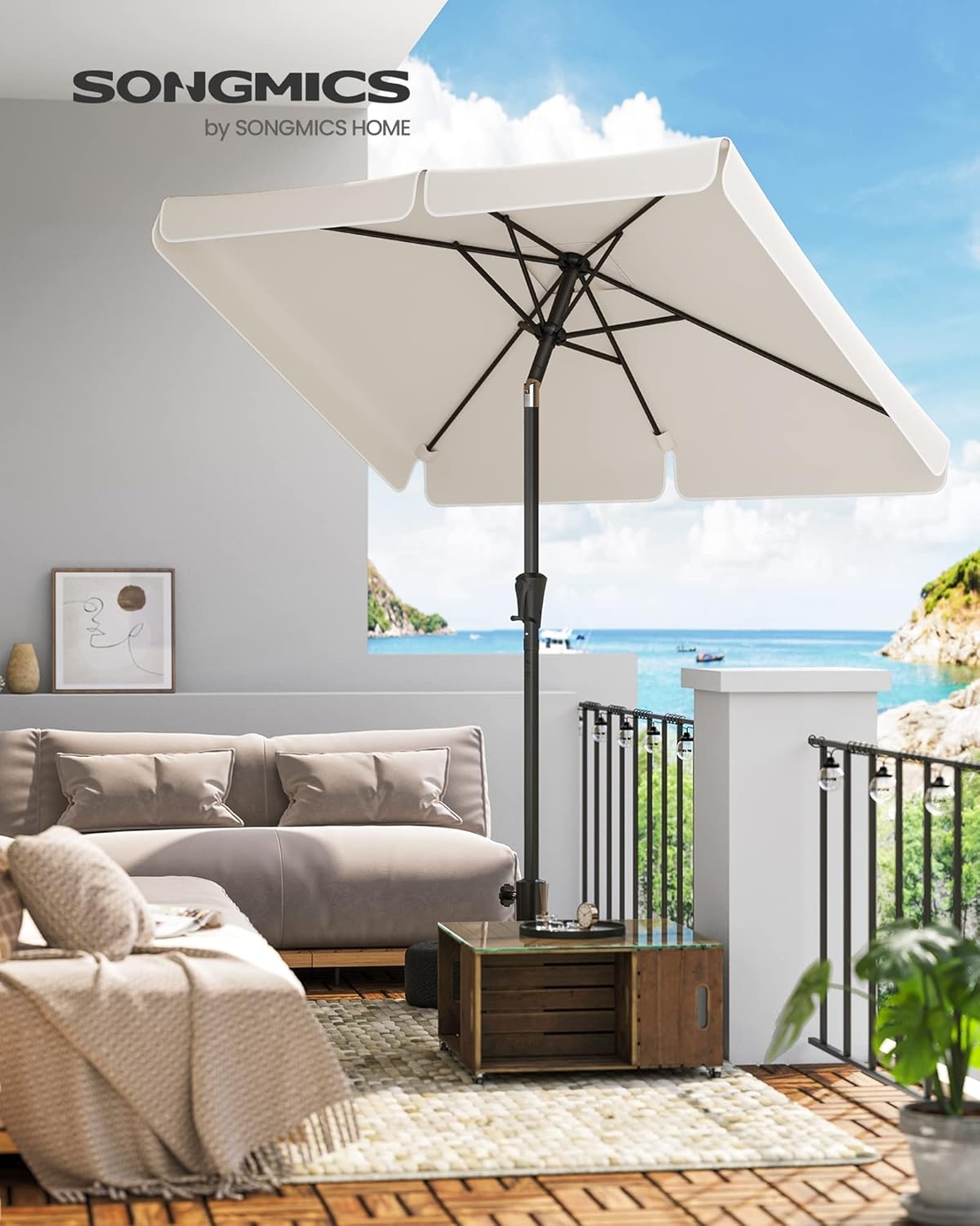 SONGMICS Umbrela de gradina cu manivela, 200x150 cm, UPF 50+, inclinare 30°, structura metalica, bej