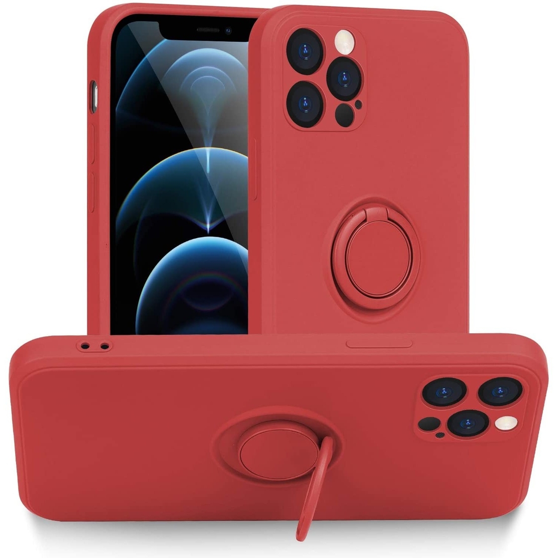 Husa protectie Vafy compatibila cu Apple iPhone 12 Pro Liquid Silicone Ring cu suport rotativ Rosu