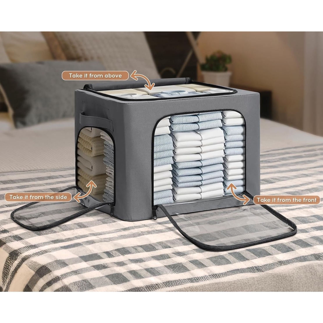 Cutie de Depozitare, Vafy, cu 3 Ferestre cu Fermoar Bidirectional, Cadru din Otel, Impermeabil, 38L, 42 x 30 x 30 cm, Gri Inchis