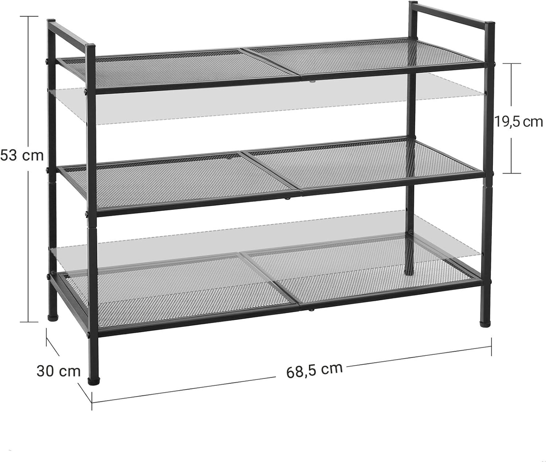 SONGMICS Etajera pantofi 3 niveluri, metalica, suprapozabila, 68x30x53 cm, negru