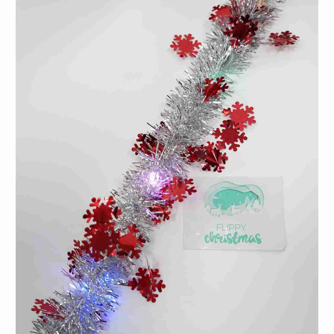 Beteala Craciun cu LED, Rosie, model cu fulgi de nea, 2 m x 5 cm, PVC, Sir, Artificiala, Flippy