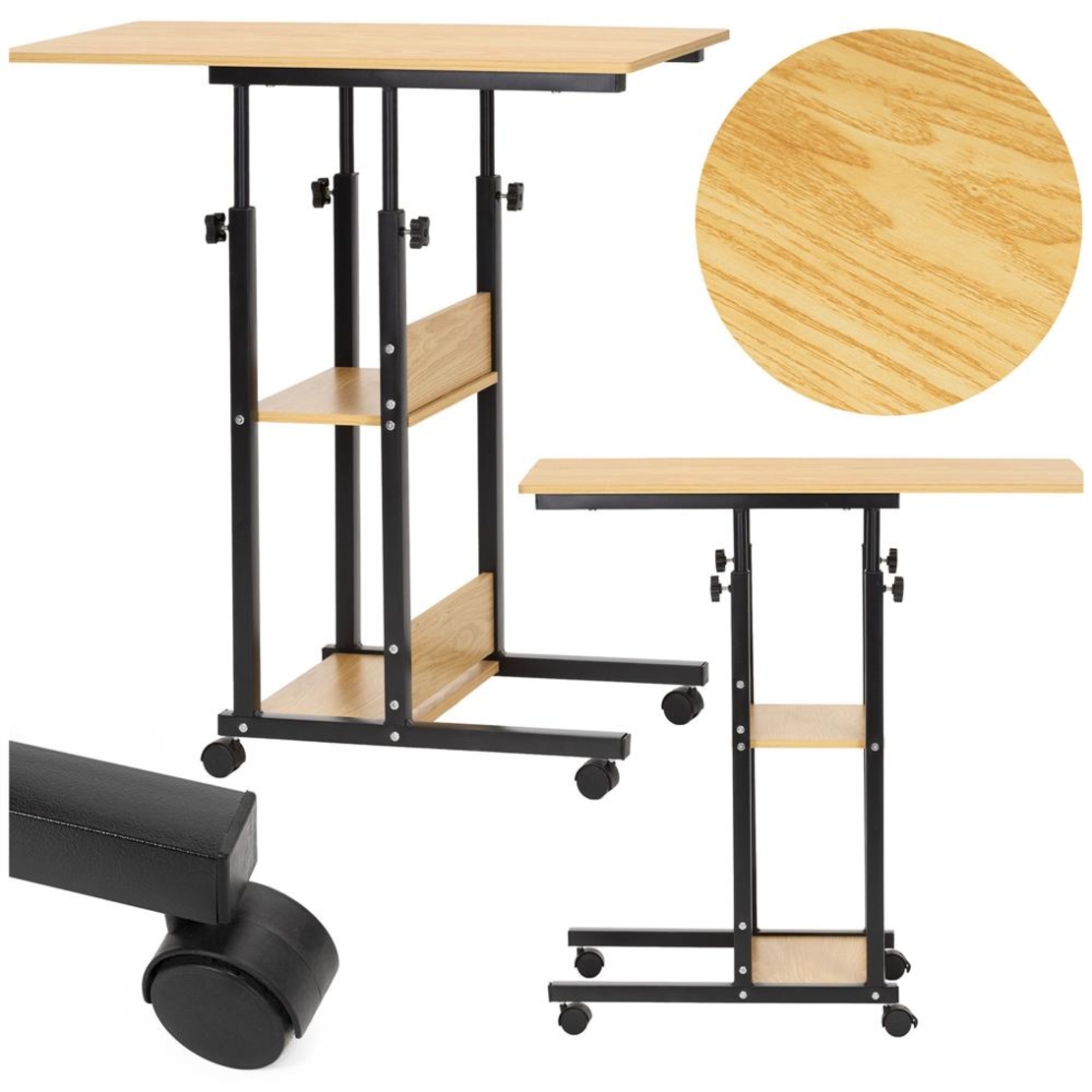 Birou reglabil pe inaltime cu rafturi si roti, blat din lemn si structura metalica, 80x40x76-86 cm, maro natur