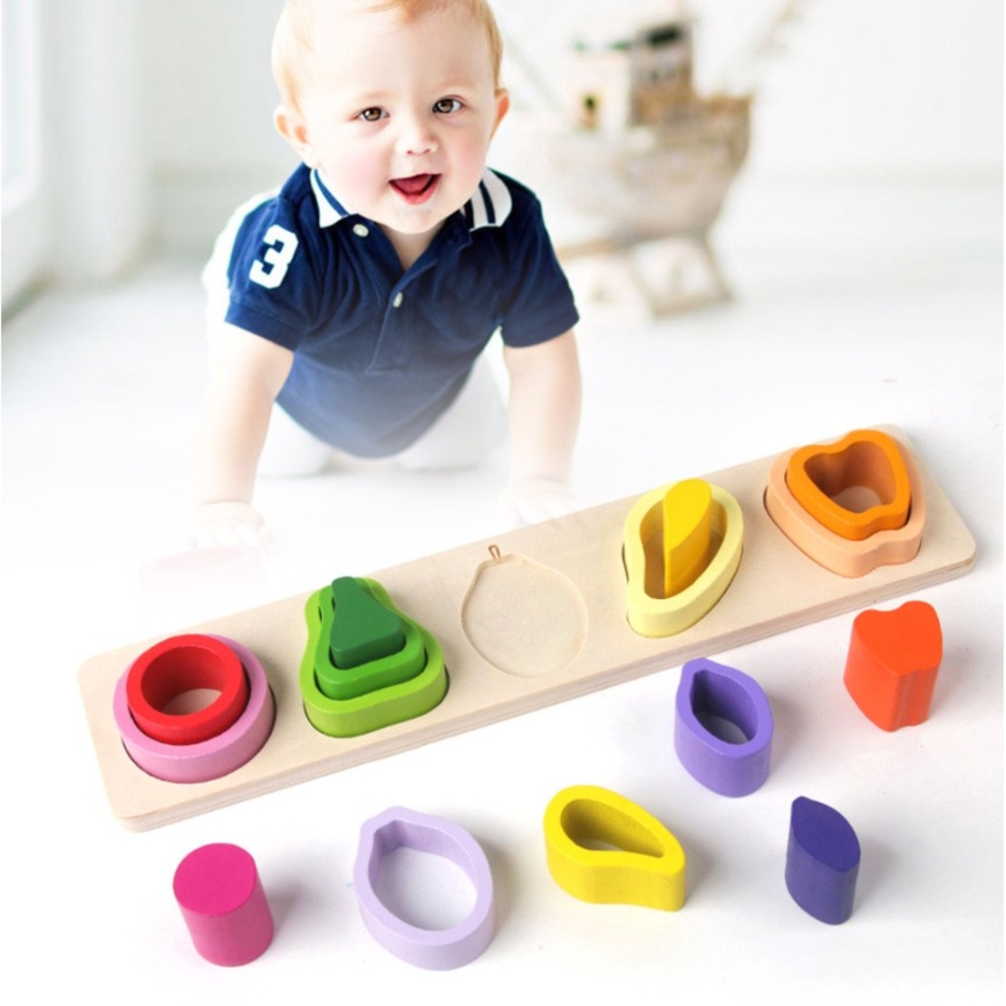 Jucarie Montessori din Lemn, Flippy, Tip Puzzle, cu 5 Forme Asimetrice, 15 Piese, Model Fructe, Educativa, Interactiva, Creativa, Materiale Non Toxice, +2 Ani, 29x6.5 cm, Multicolor