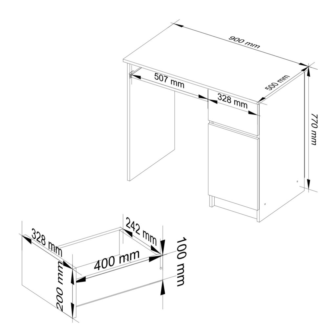 Birou computer PIKSEL, cu sertar, dulap si raft pentru tastatura, dreapta, 90x50x77 cm, maro wenge