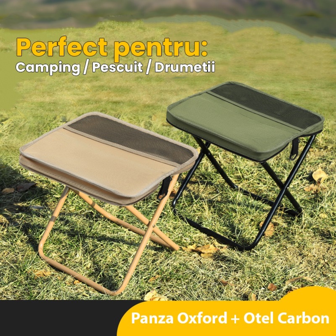 Scaun Taburet Pliabil pentru Camping, Vafy, pentru Adulti, Scaun Portabil, Pescuit, din Panza Oxford si Cadru Metalic, Mic 26 x 24 x 24 cm, Verde