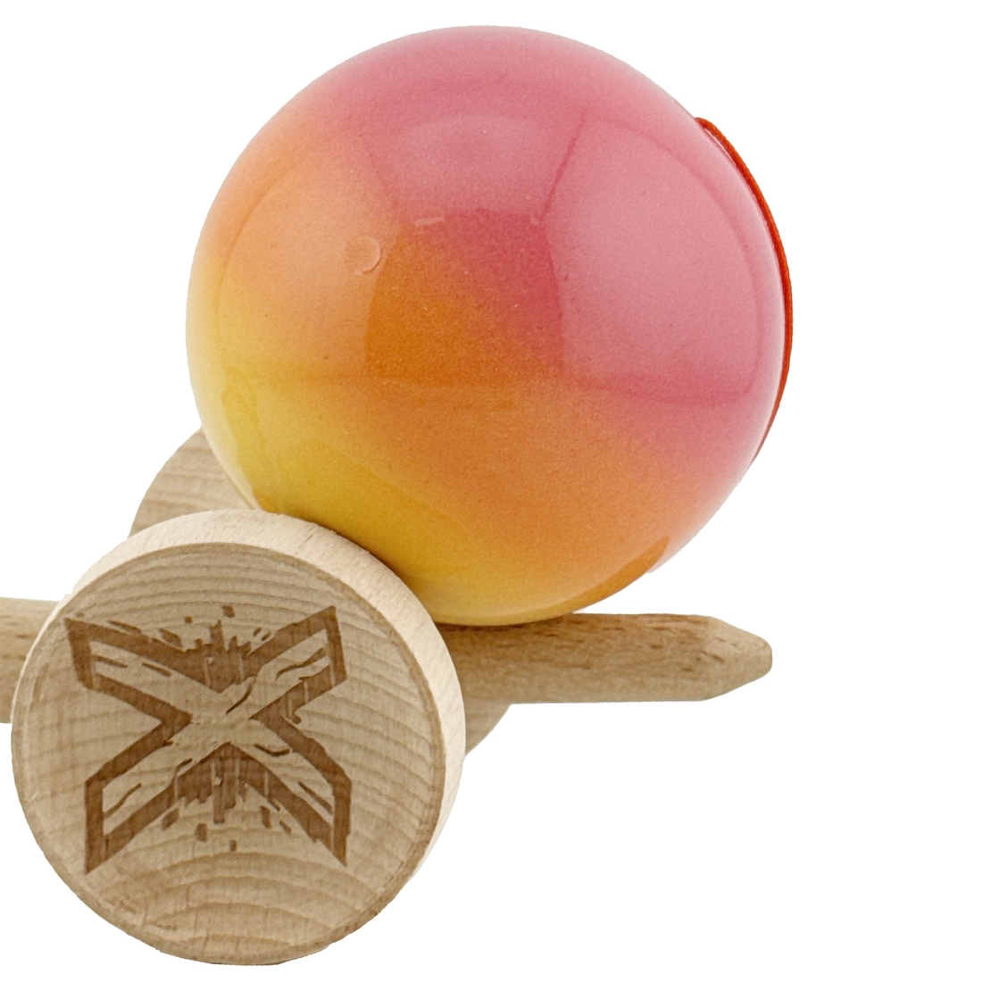 Kendama X Originala, Profesionala, Flippy, Big Cups V2, Super Sticky Cupe Mari, Rulment Metalic cu Ata 55 cm, Roz/Portocaliu/Galben