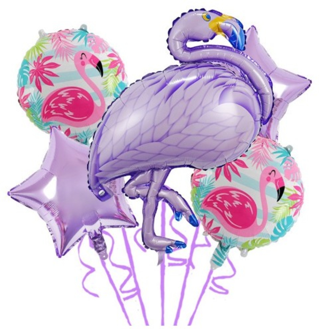 Baloane aniversare Flamingo Party, Flippy, din Folie de aluminiu si Latex, set din 5 baloane, 1 Flamingo, 2 Stele, 2 rotunde, 60 x 90 cm, Adeziv si pai inclus Mov