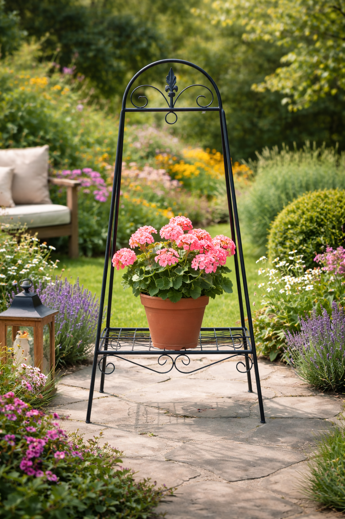 Suport flori metalic pentru ghivece, structura metalica, 49x40x99 cm, negru