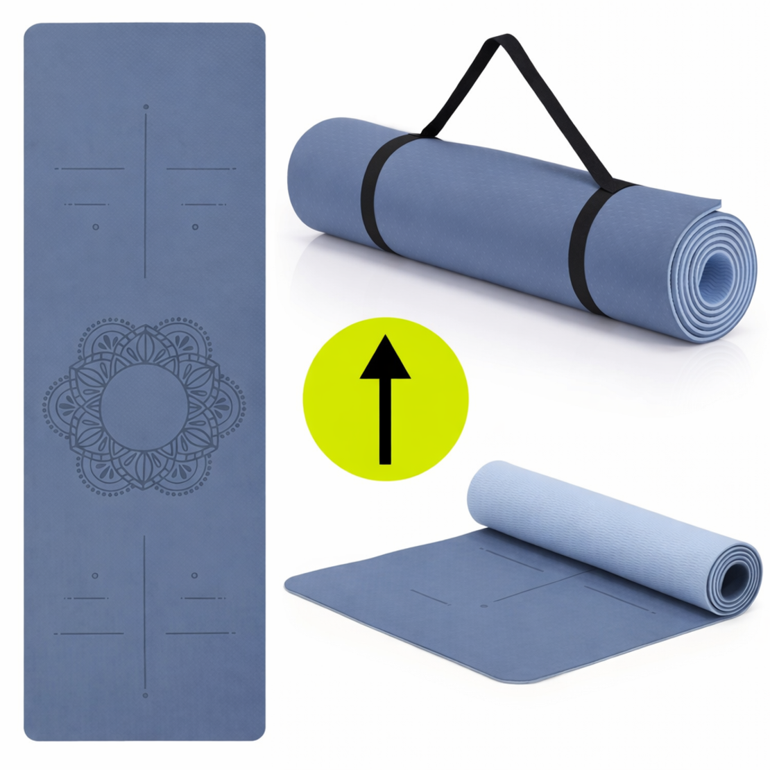 Saltea yoga antiderapanta din TPE, 183x61x0.6 cm, cu curea transport, albastru