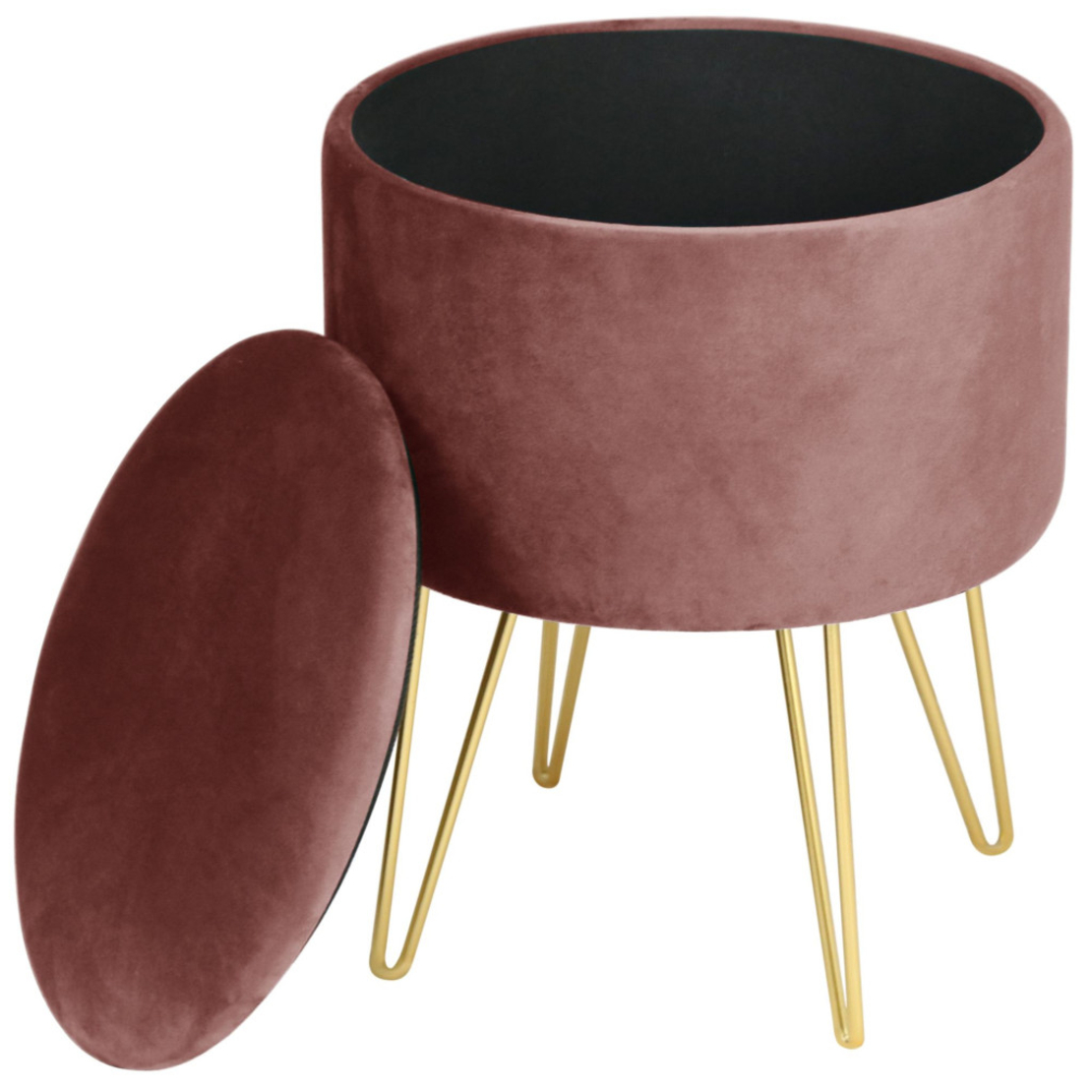 Taburet tapitat rotund Lili cu spatiu de depozitare, velur, 35x35x45 cm, roz