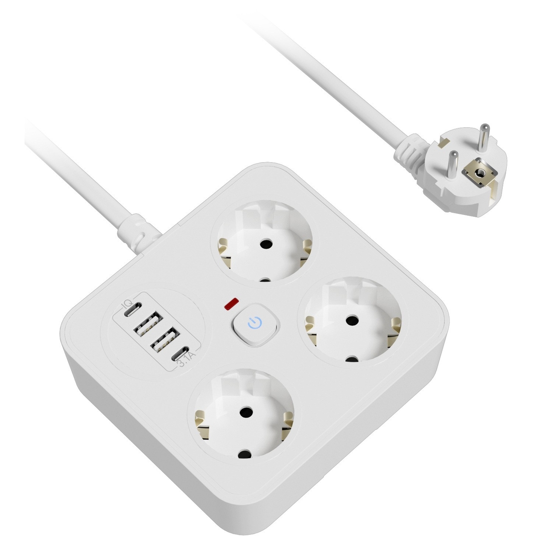 Prelungitor Multifunctional pentru Birou, Vafy, 3 Prize, 2 USB-A, 2 TYPE-C, Suport pentru Telefon, 3250W, Lungime Cablu 2 m, 11.4 x 12.4 cm, Alb