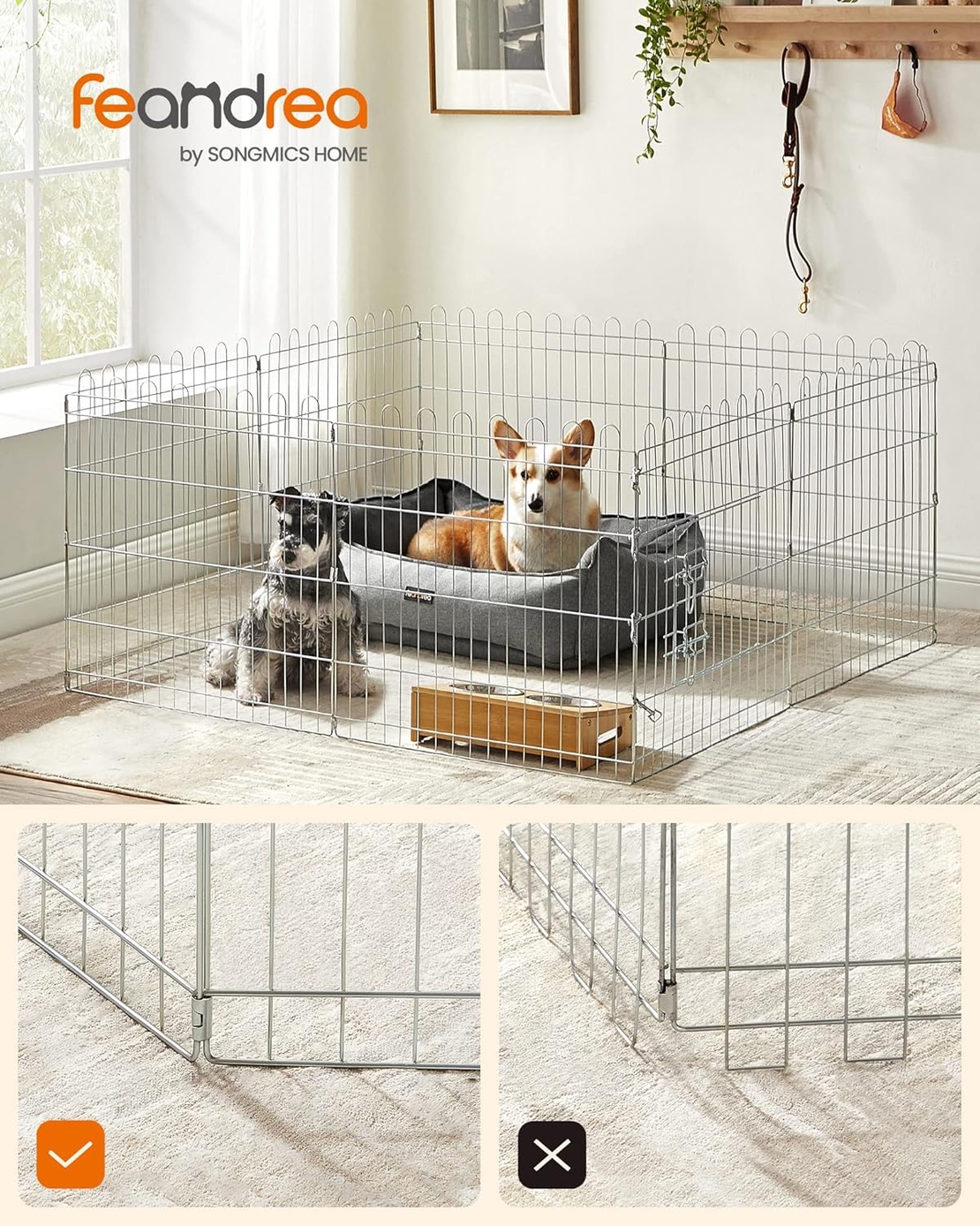FEANDREA Tarc pliabil din otel pentru animale 8 panouri, modular patrat sau octogon, 159x159x61 cm, argintiu