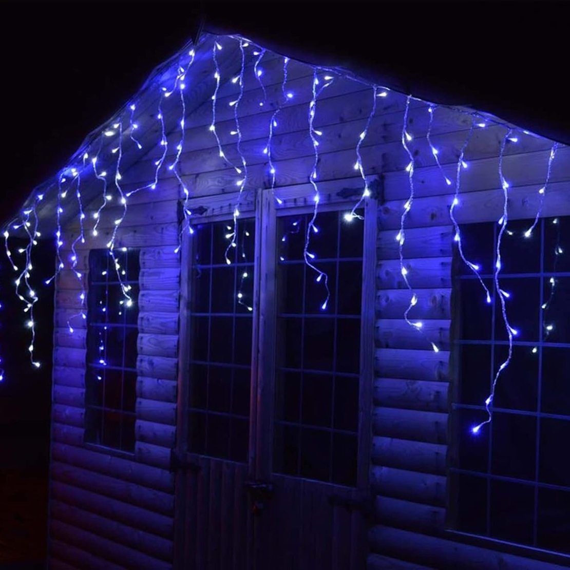 Instalatie Solara Craciun Turturi, IP44, 5 m, 143 Led-uri, Perdea Franjurata, Albastru, 8 jocuri de lumini, cu Telecomanda, 31V, 250 mAh, Acumulator de 1200 mAh, Exterior, Prelungitor 3 m inclus, Fir Transparent, Flippy