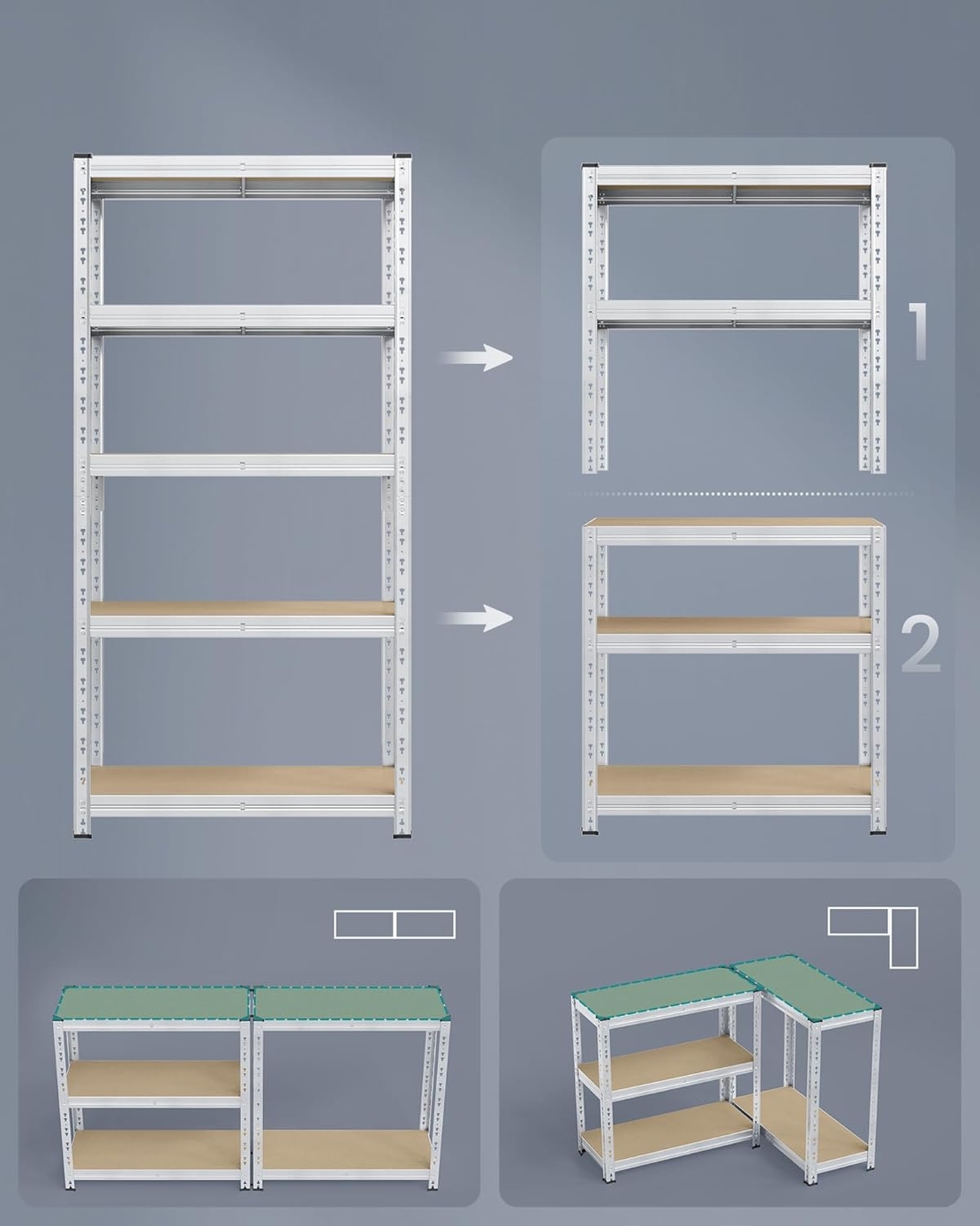 SONGMICS Set 2 rafturi metalice depozitare, 5 niveluri, reglabile, polite MDF, 875 kg, 40x90x180 cm, argintiu