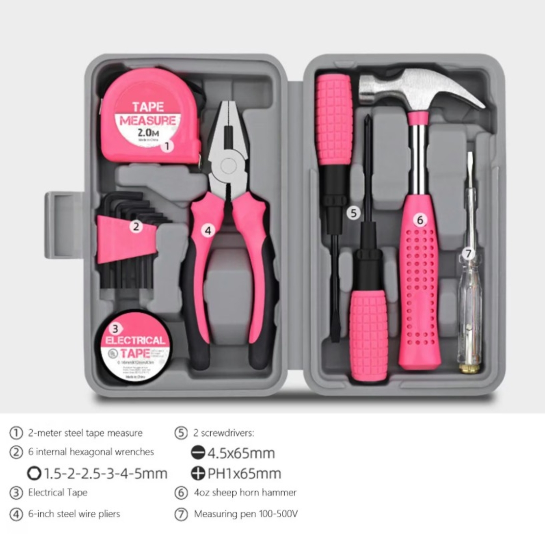 Set Scule 24 piese pentru Uz Casnic, Vafy, Instrumente Set in Trusa de Plastic Gri, din Plastic si Metal, 20 x 12.5 x 3 cm, Roz