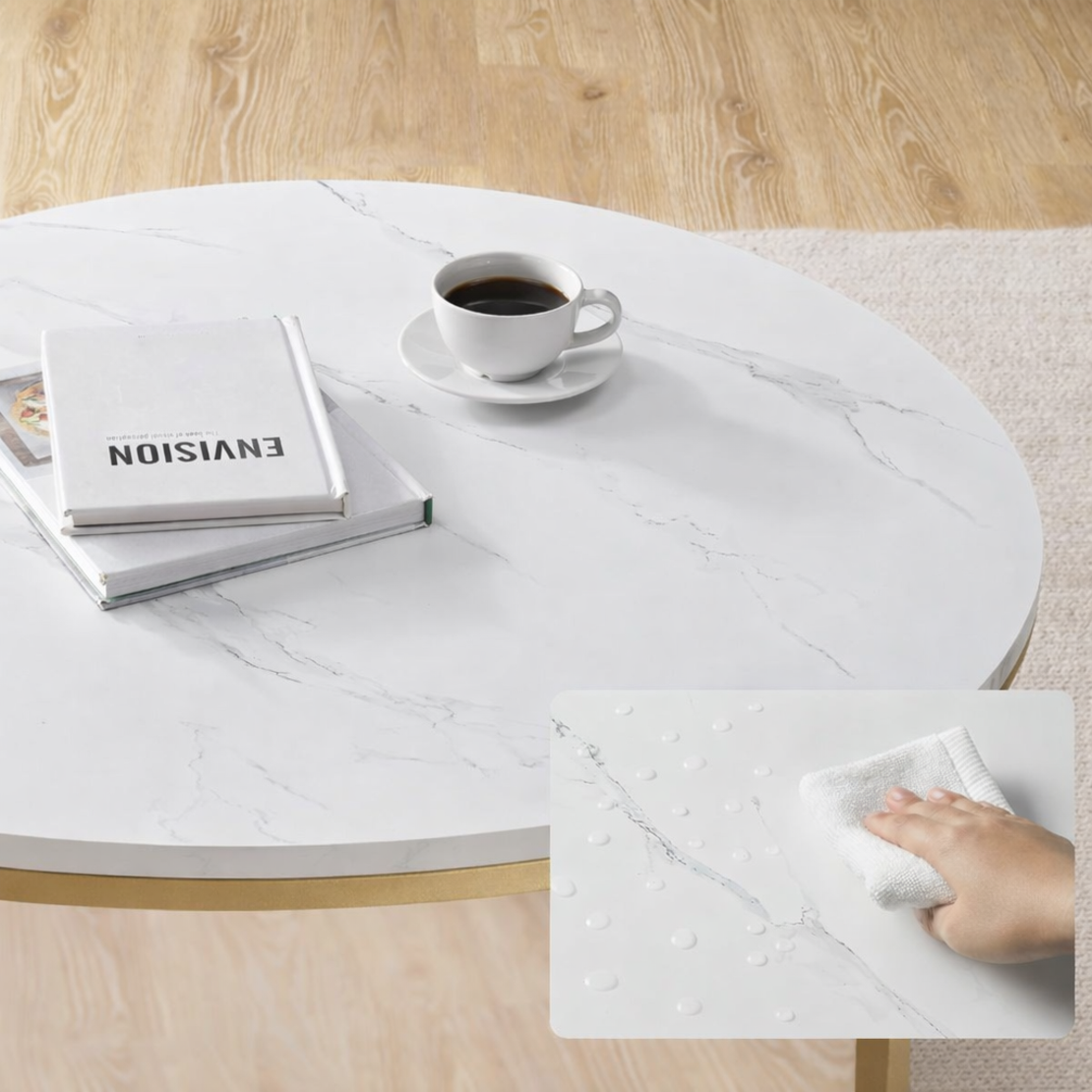 VASAGLE Masa de cafea rotunda cu blat din imitatie de marmura, polita suplimentara din sticla, 80x45cm, alb si auriu
