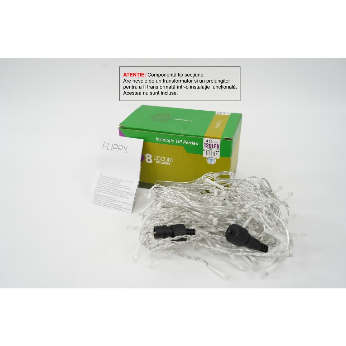 Sectiune Instalatie de Craciun Vafy Tip Perdea, 8 jocuri de lumini, 2m x1 m, 120 LED-uri, Interconectabila, Fir Transparent, Alb Rece