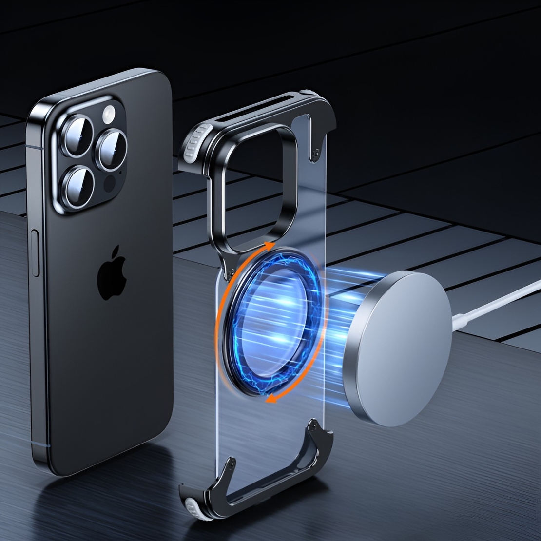 Husa de Protectie Compatibil cu iPhone 15 Pro, Vafy, Incarcare Wireless, Tehnologie Magsafe, Inel Magnetic Rotativ 360 cu Functie de Suport, Rama Metalica, Carcasa din PC, Negru Transparent