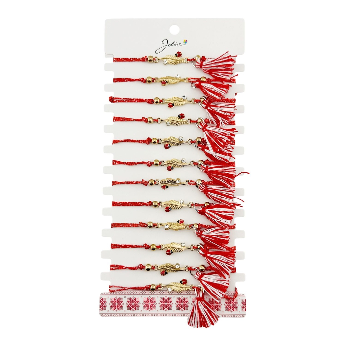 Martisor Bratara cu Ciucure pentru Dama, Jolie, Model Pana cu Buburuza, Set 12 bucati, Pandativ din Inox cu Piatra, Snur Reglabil, Rosu/Alb