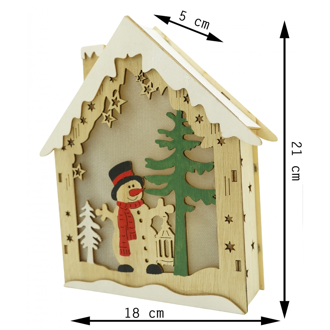 Decoratiune luminoasa, model de Casa cu Om de zapada, maro, lungime: 18 cm, latime: 5 cm, inaltime: 21 cm, lemn, interior/exterior