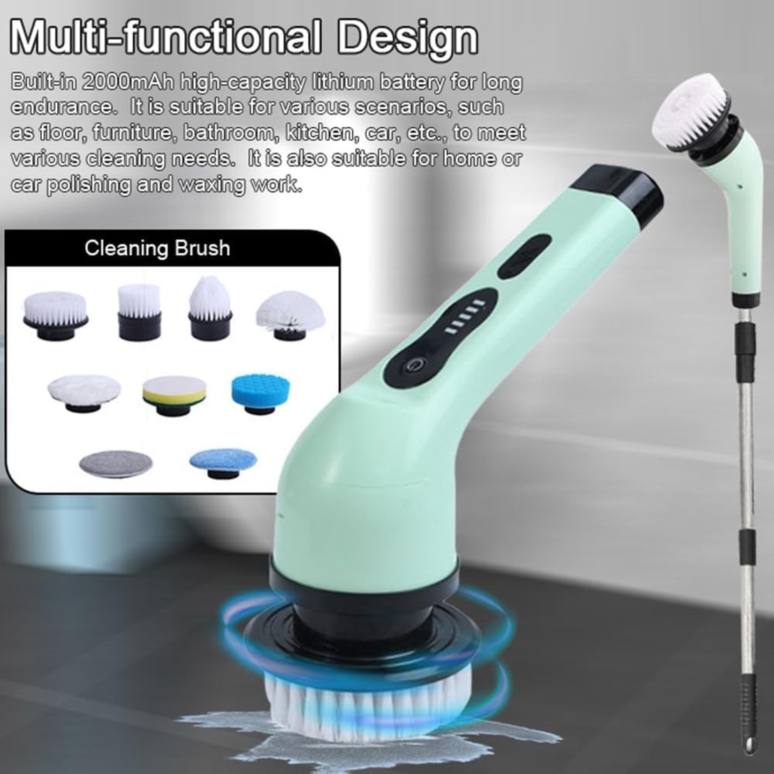 Perie Electrica de Curatare, Flippy, pentru Gresie, Baie, Bucatarie, 25x20x9.5 cm, cu 9 Capete, Maner Extensibil Detasabil 84-127cm, Incarcare USB-Type C, Rotire 360 de Grade, 3000 mAh, Culoare: Verde