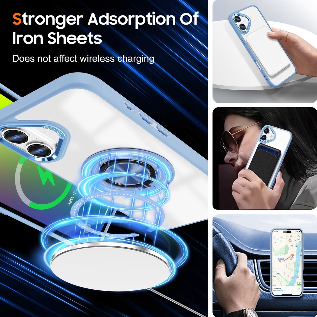Husa de Protectie TPU, Vafy, pentru iPhone 16, Anticadere, cu Incarcare Wireless, Tehnologie Magsafe, Inel Magnetic Rotativ cu Functie de Suport, Transparent-Albastru Deschis