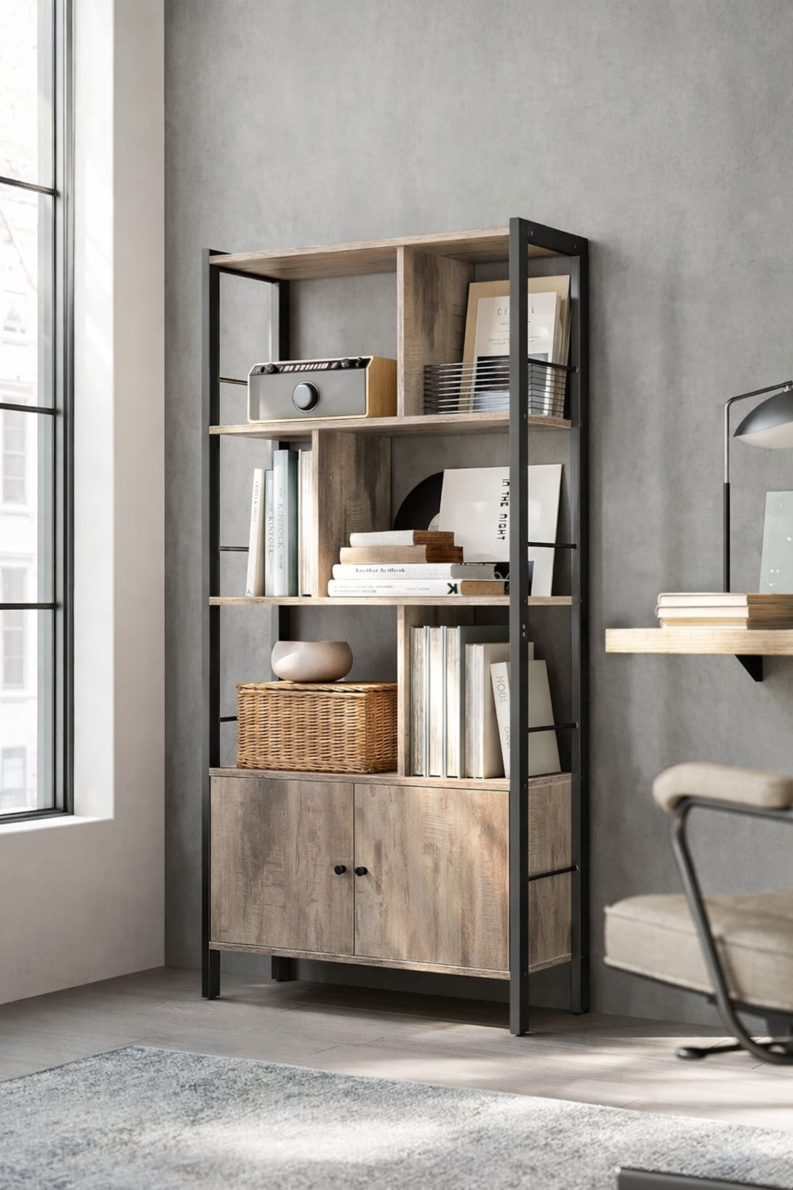 VASAGLE Biblioteca cu 4 rafturi si dulap inferior cu 2 usi, stil industrial, 74x30x155cm, stejar