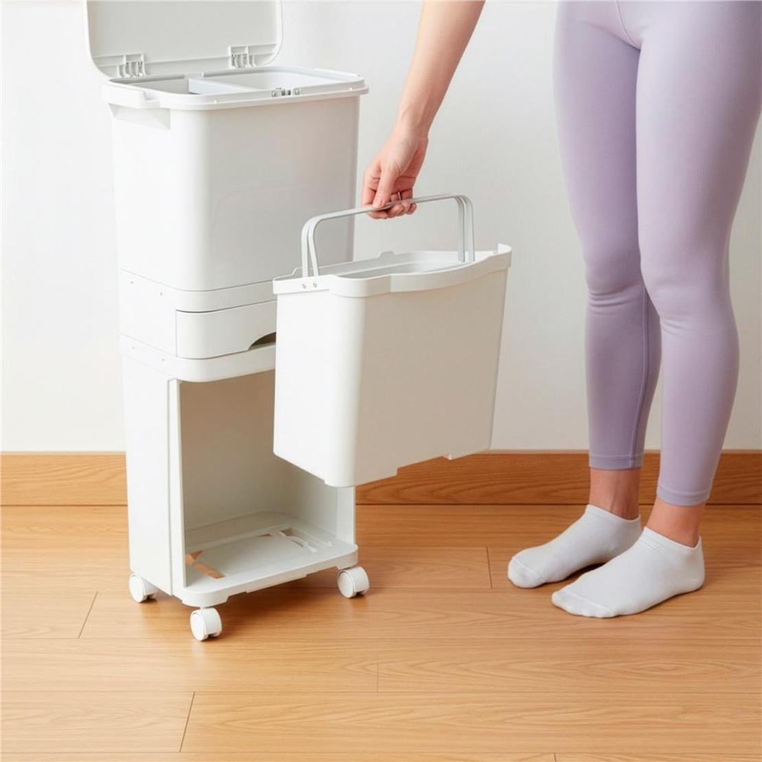 Cos de gunoi pentru colectare selectiva cu 3 compartimente, pe roti, 42 L, alb
