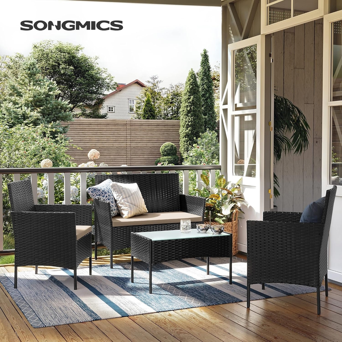 SONGMICS Set mobilier gradina 4 locuri, canapea, 2 scaune si masa cu sticla, ratan PE, negru