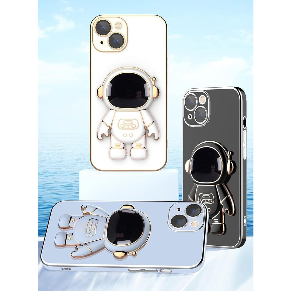 Husa de Protectie TPU 2in1, Vafy, pentru Apple iPhone 15, Astronaut cu Suport, Antisoc, Rezistenta la Impact, Protectie Camera, Albastru