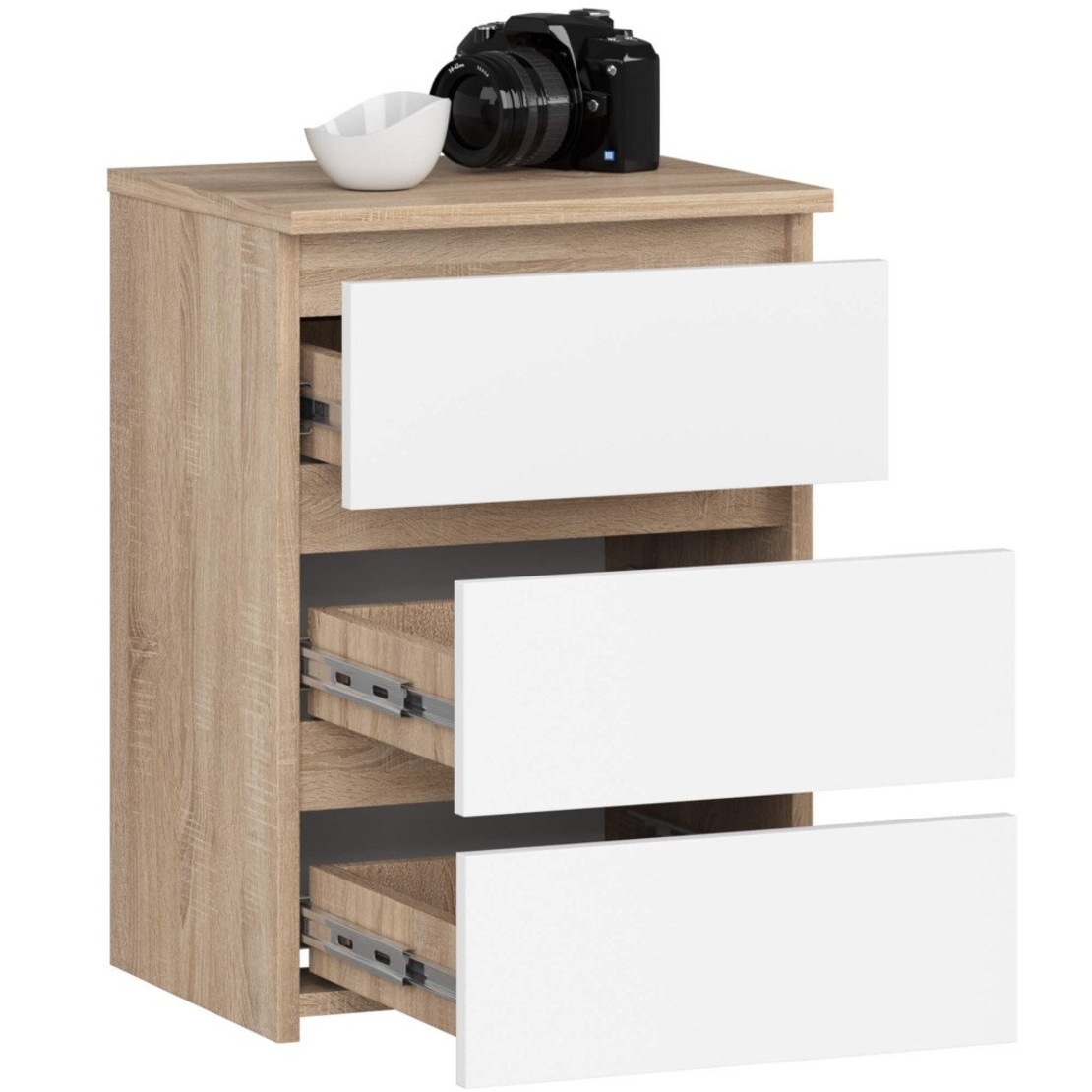 Noptiera cu 3 sertare, PAL laminat 16 mm, 40x35x57 cm, stejar sonoma si alb