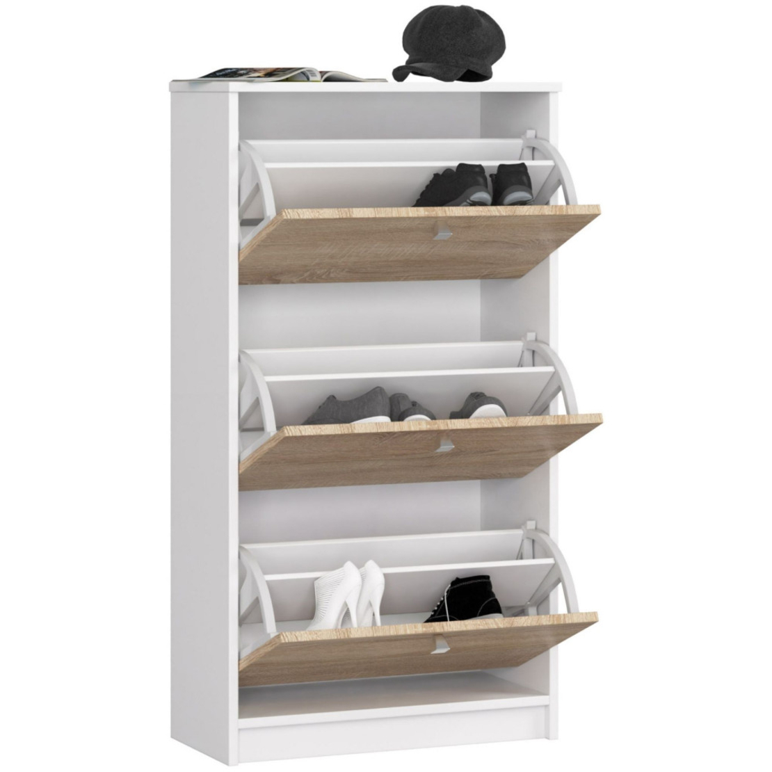 Dulap pantofi cu 3 usi rabatabile, PAL laminat 16 mm, 60x29x113 cm, alb si stejar sonoma