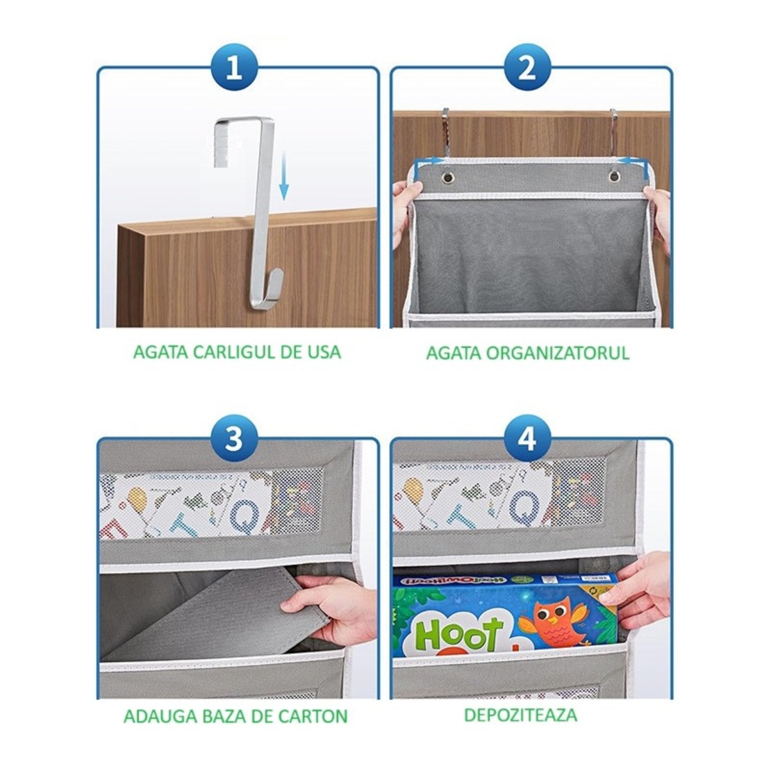 Organizator Suspendat pentru Usi, Flippy, din Nailon si Plasa, Baza de Carton Ingrosat, 5 Buzunare Principale + 5 Buzunare Laterale, 146 x 40 x 17 cm, 2 Carlige Incluse, Gri
