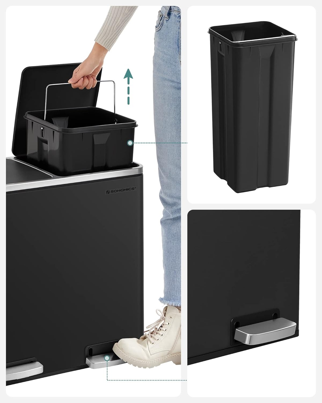 SONGMICS Cos de gunoi din inox cu 2 compartimente colectare selectiva, cu galeti interioare, 2x24 litri, negru