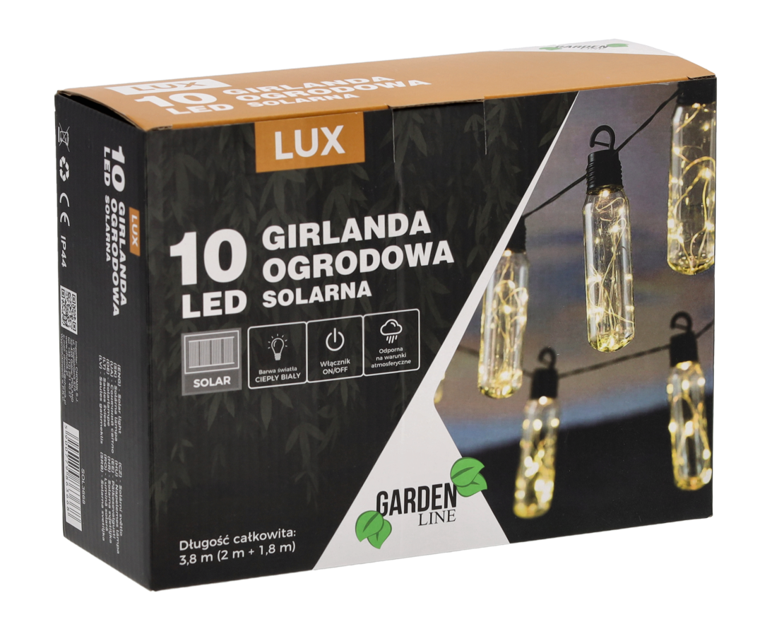 Ghirlanda luminoasa, LED, model Lux, 10 becuri, 380cm, incarcare solara, lumina alb cald