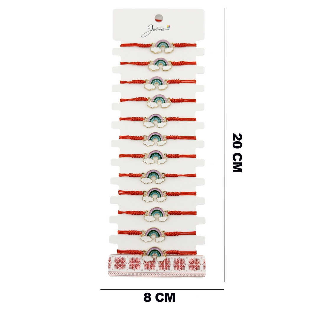 Bratara Martisor pentru Dama, Jolie, Model Curcubeu cu Nori, Set 12 bucati, Pandativ din Inox Auriu, Snur Ajustabil Impletit, Rosu