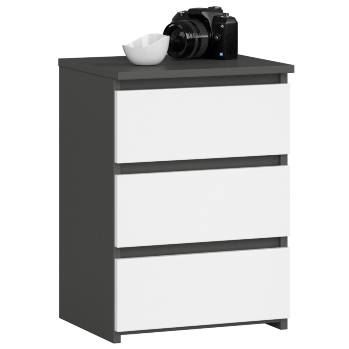 Noptiera cu 3 sertare, PAL laminat 16 mm, 40x35x57 cm, gri grafit si alb