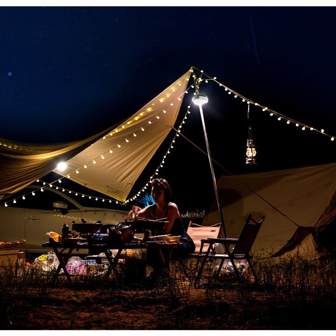 Lumină de camping LED încărcare USB, Vafy, șir colorat, pentru aer liber, cort, Distanta 10 metri, 1800mAH, 10.5x4.3 cm, Alb Verde