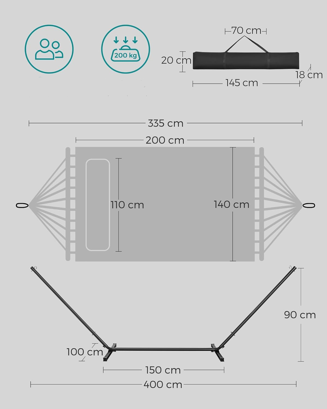 SONGMICS Hamac cu suport metalic, cu suprafata captusita, reglabil, include perna, 200 kg, 400x100x90 cm, gri