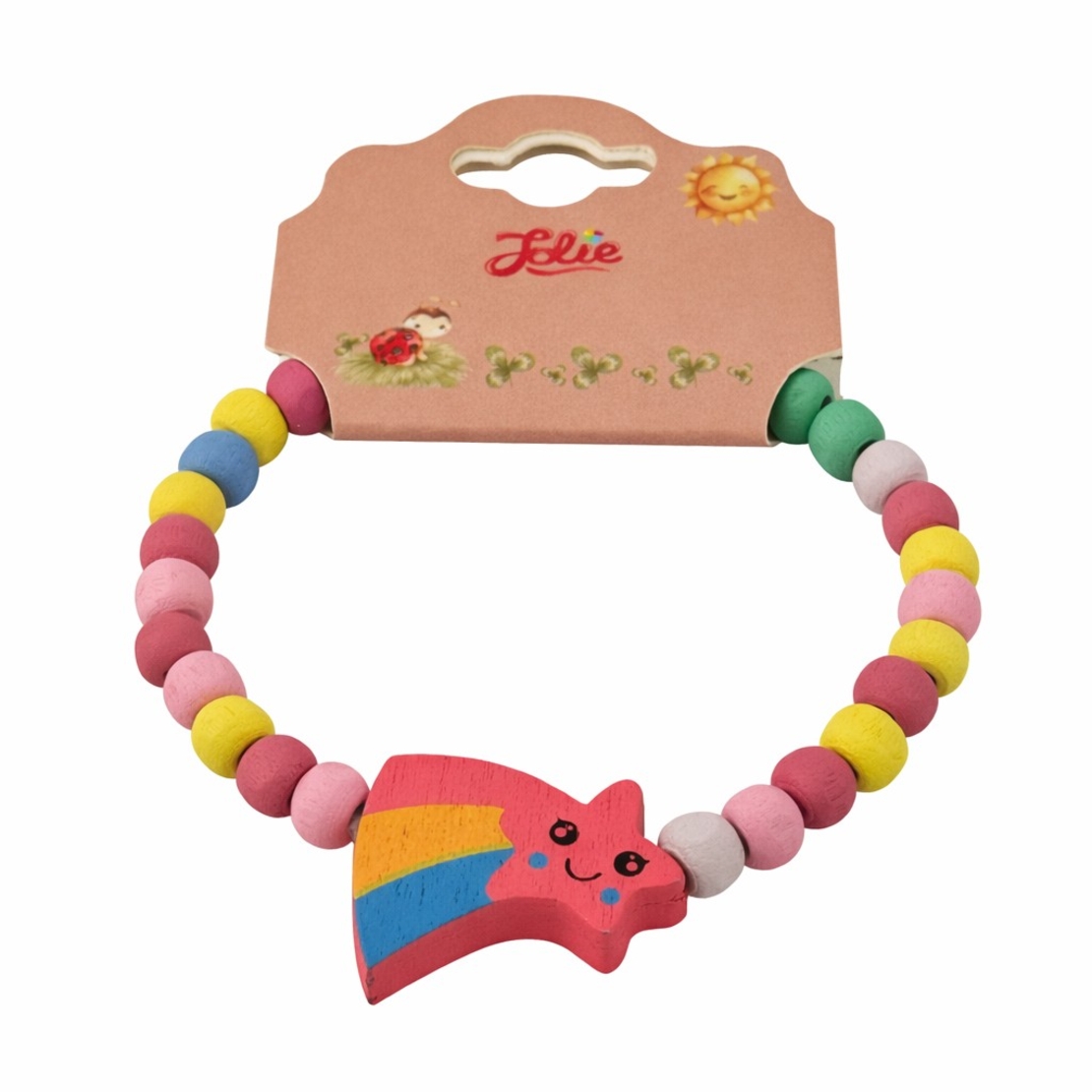 Martisor Bratara pentru Copii, Jolie, Pandativ Stea Rosie, tip Elastica cu Margele din Lemn Colorate
