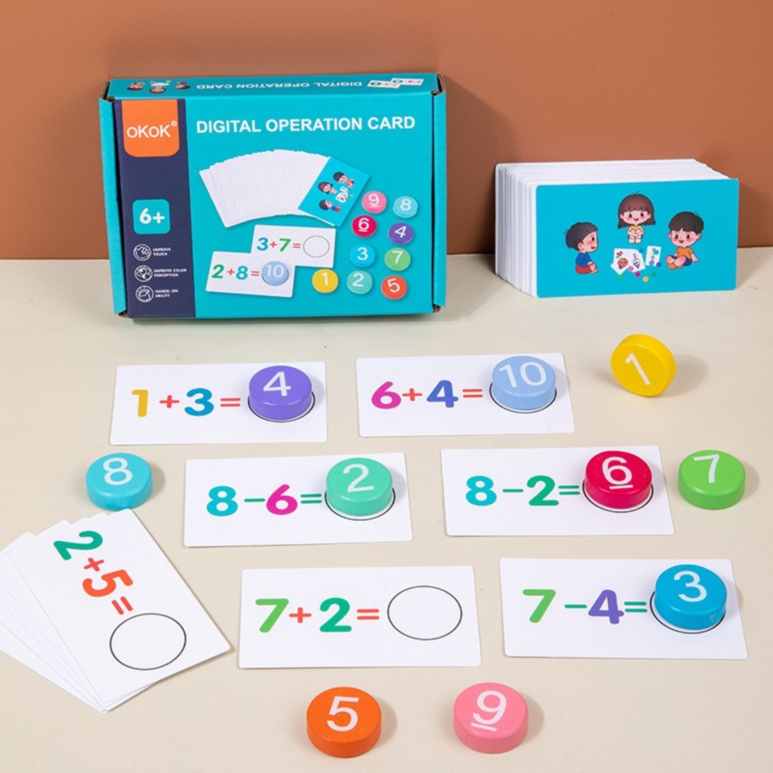 Joc Educational, Flippy, Invatare Adunare si Scadere, Cifre din Lemn, 46 Planse, +3 Ani, Multicolor