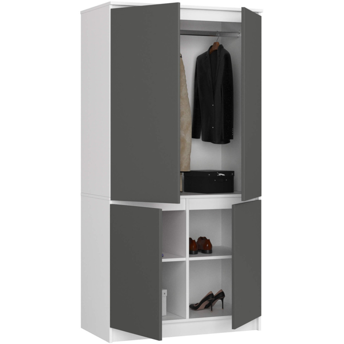 Dulap cu 4 usi, rafturi si bara pentru umerase, PAL laminat, 90x51x180 cm, alb si gri grafit