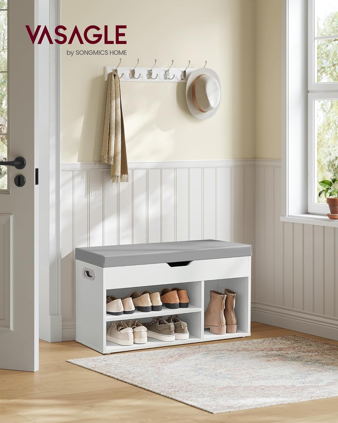 VASAGLE Pantofar cu banca, capitonata, 3 compartimente, sarcina 150 kg, 30x80x44 cm, modern, alb