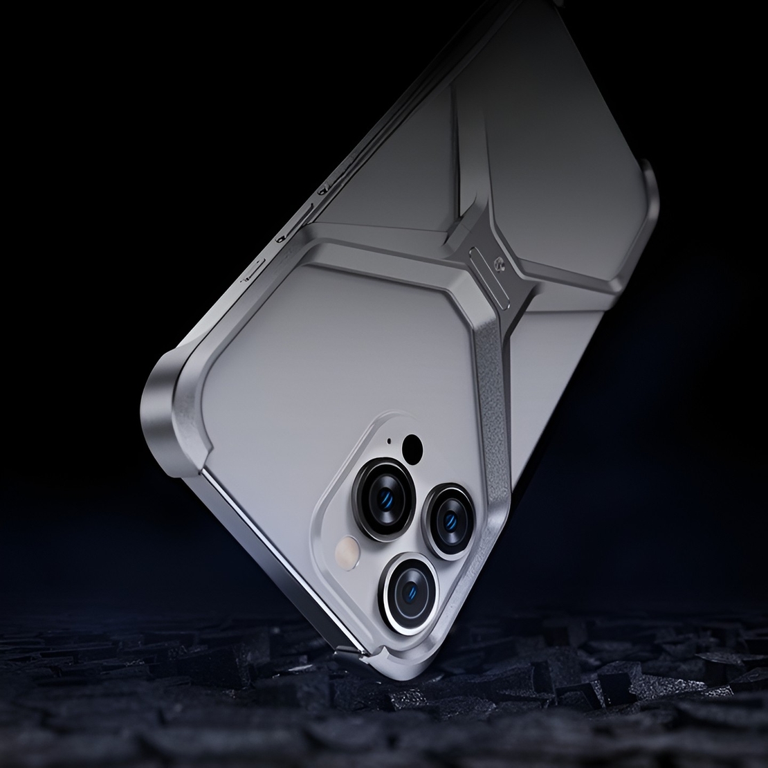 Husa Armor X Compatibila cu iPhone 15, Vafy, Aliaj de Aluminiu, Antisoc, Antizgarieturi, Impermeabila, Margini cu 2 Straturi, Aderent, Montare Usoara, Surubelnita Inclusa, Gri Metalizat