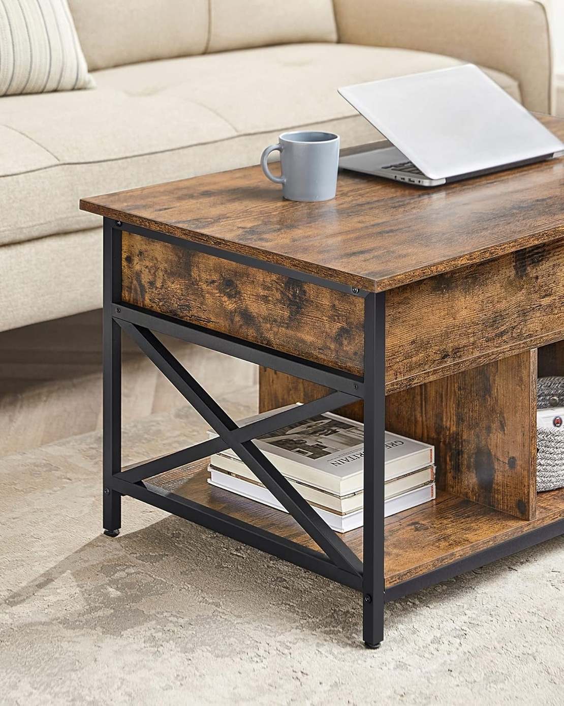 VASAGLE Masa de cafea cu inaltime reglabila, spatiu de depozitare ascuns, 60x100x(48-62) cm, maro rustic